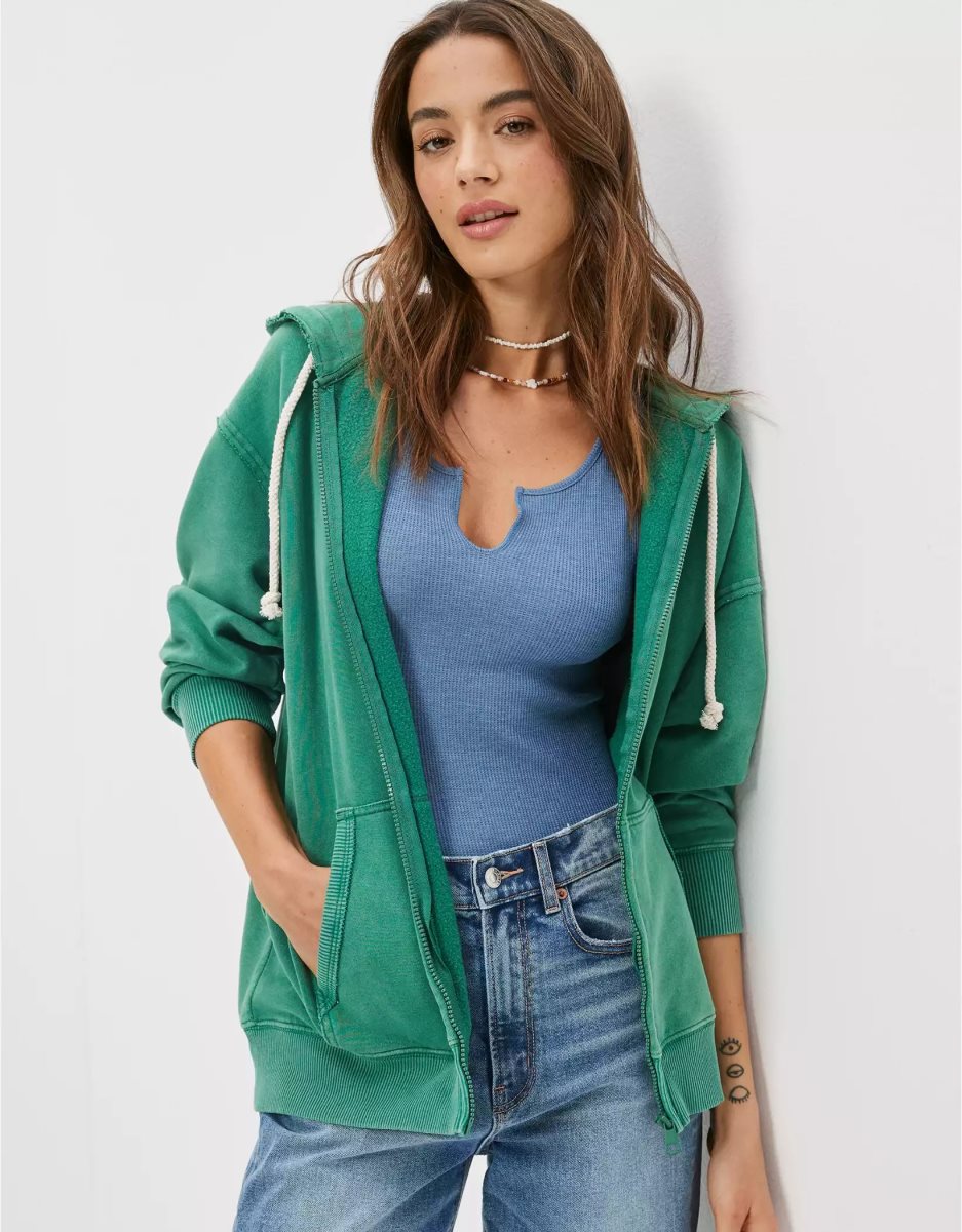 Sweat à Capuche American Eagle AE Oversized Zip-Up Vert Femme | IVQ-16598090